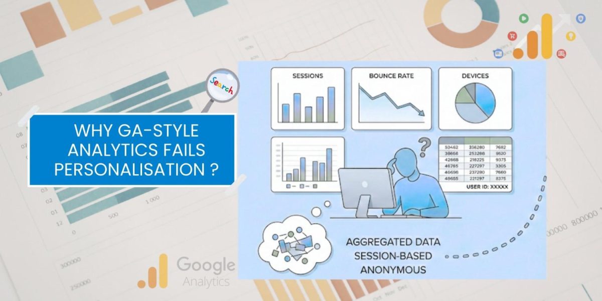 Banner showing GA-style analytics dashboards with session, bounce rate and device charts.